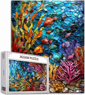1000 Piece Jigsaw Puzzles for Adults Stained Glass Ocean Painting Jigsaw Puzzle Underwater World 1000 Pieces Puzzles Game Colorful Glass Coral Fish Wall Decor DIY Craft Puzzle Sea Ocean Landscape Art