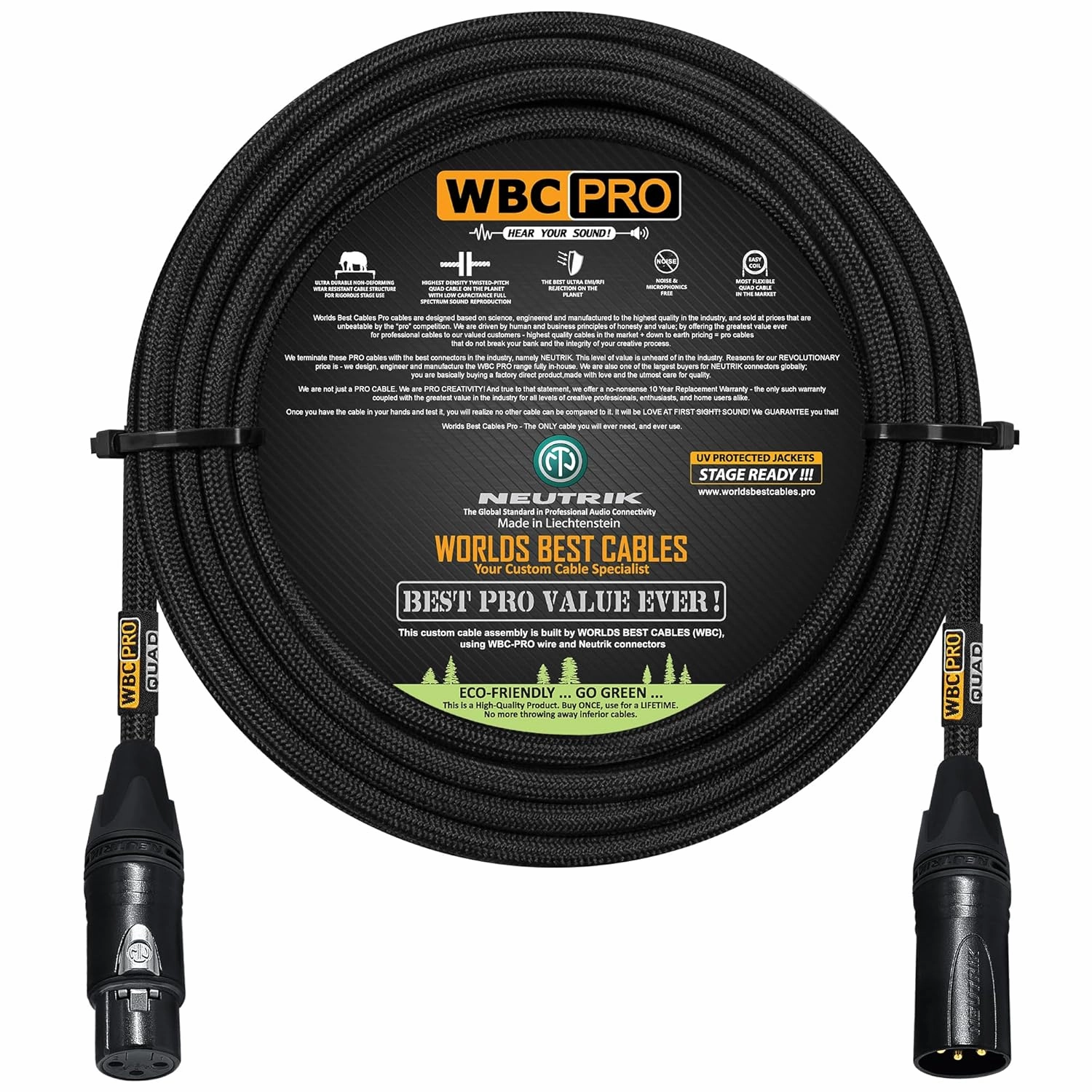 100 Foot - WBC-PRO-Quad Ultra-Silent Ultra-Flexible Balanced Star-Quad Cable with Neutrik Male & Female XLR Plugs & Black Tweed Jacket