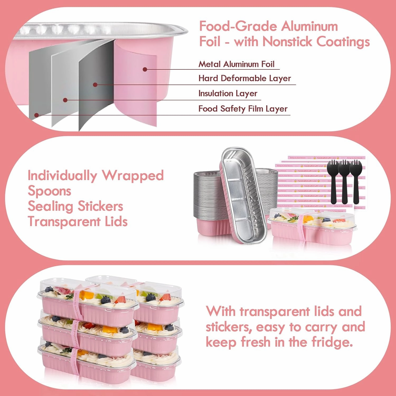 100 Pack Mini Loaf Pans with Lids and Spoons Sealing Sticker, 6.8oz Mini Cake Pans for Baking, Disposable Aluminum Foil Loaf Pans, Pink Loaf Baking Pans, Small Cake Containers With Lids