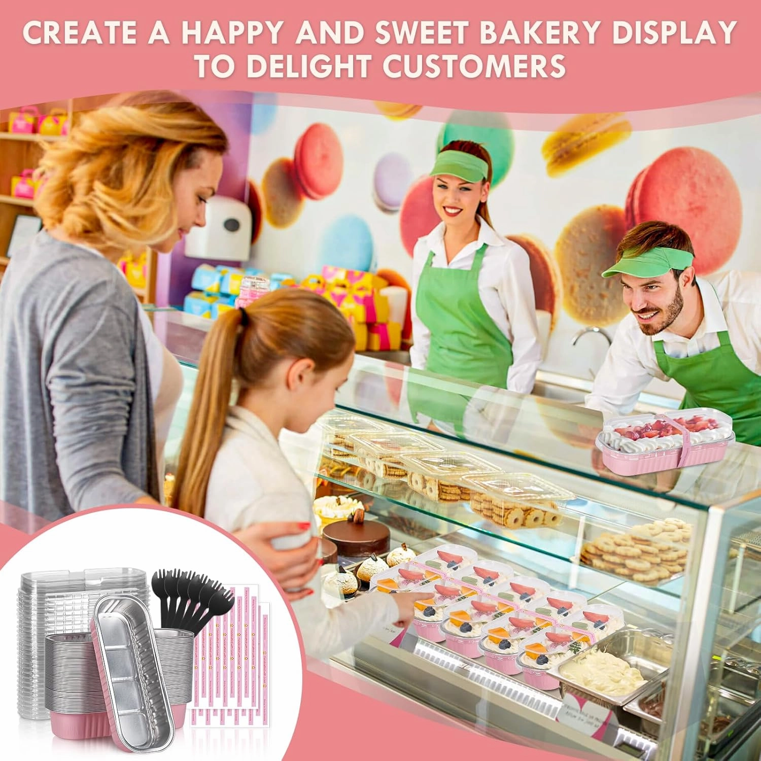 100 Pack Mini Loaf Pans with Lids and Spoons Sealing Sticker, 6.8oz Mini Cake Pans for Baking, Disposable Aluminum Foil Loaf Pans, Pink Loaf Baking Pans, Small Cake Containers With Lids