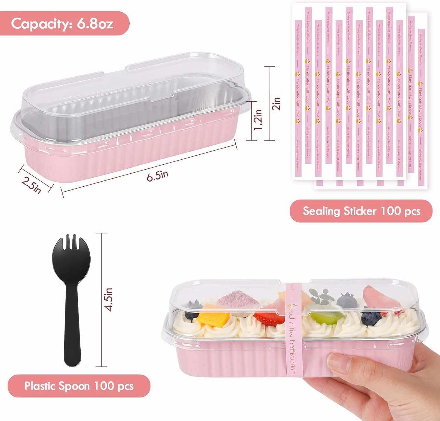 100 Pack Mini Loaf Pans with Lids and Spoons Sealing Sticker, 6.8oz Mini Cake Pans for Baking, Disposable Aluminum Foil Loaf Pans, Pink Loaf Baking Pans, Small Cake Containers With Lids