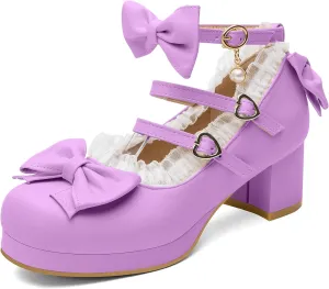 100FIXEO Women's Kawaii Platform Ankle Strap Chunky Heel Mary Jane Pumps Cute Closed Toe Goth Strappy Bow Lace Party Dress Shoes