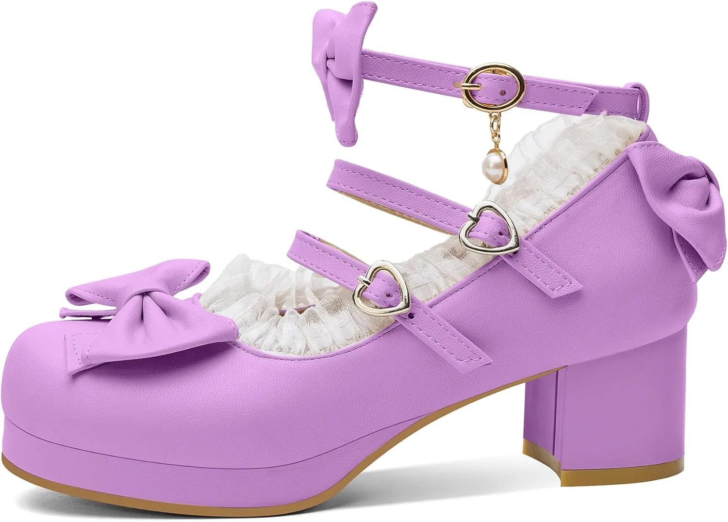 100FIXEO Women's Kawaii Platform Ankle Strap Chunky Heel Mary Jane Pumps Cute Closed Toe Goth Strappy Bow Lace Party Dress Shoes
