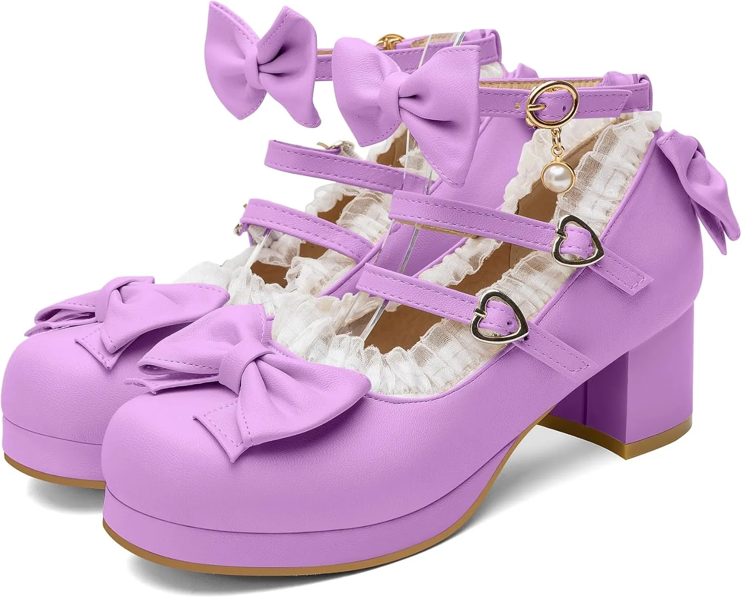 100FIXEO Women's Kawaii Platform Ankle Strap Chunky Heel Mary Jane Pumps Cute Closed Toe Goth Strappy Bow Lace Party Dress Shoes