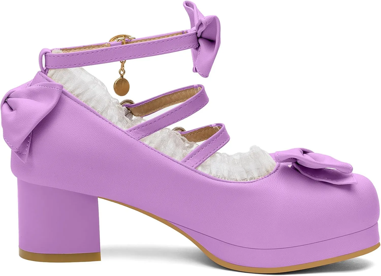 100FIXEO Women's Kawaii Platform Ankle Strap Chunky Heel Mary Jane Pumps Cute Closed Toe Goth Strappy Bow Lace Party Dress Shoes