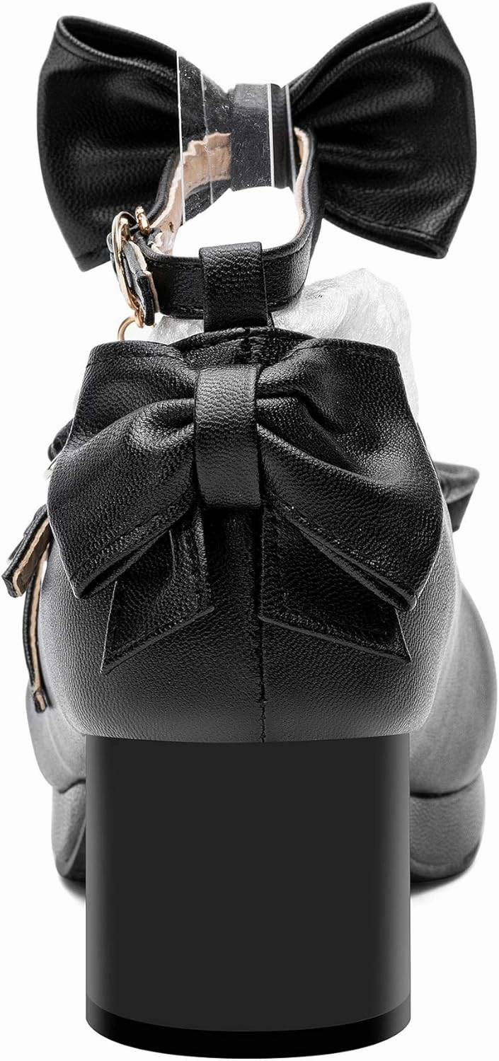 100FIXEO Women's Kawaii Platform Ankle Strap Chunky Heel Mary Jane Pumps Cute Closed Toe Goth Strappy Bow Lace Party Dress Shoes