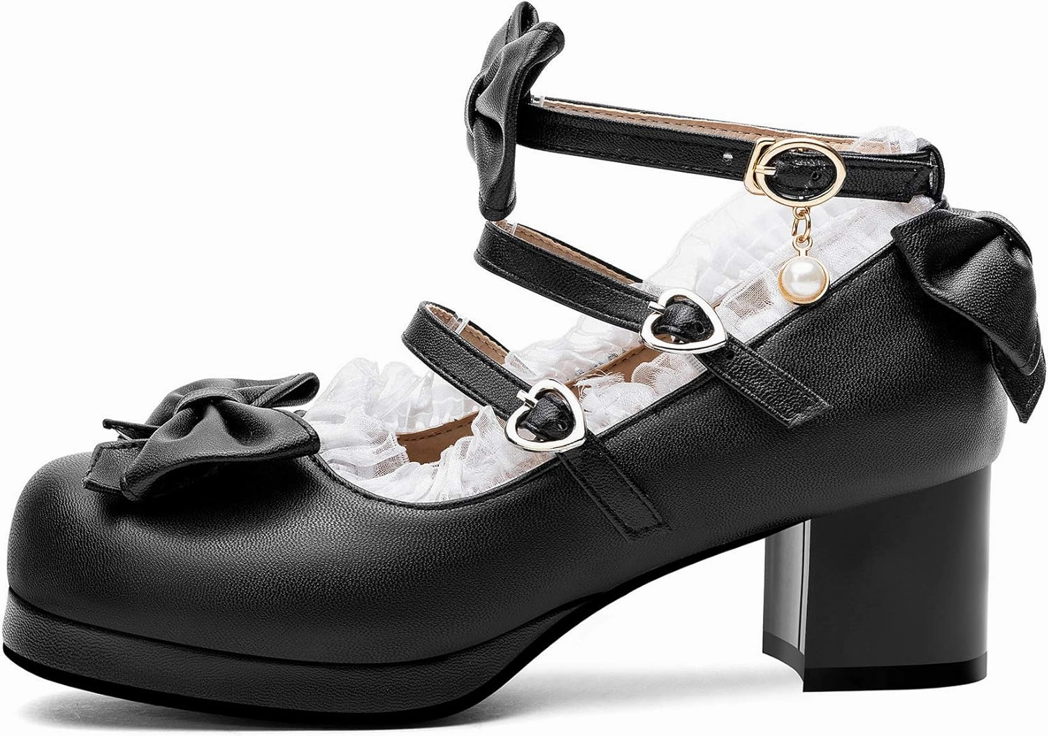 100FIXEO Women's Kawaii Platform Ankle Strap Chunky Heel Mary Jane Pumps Cute Closed Toe Goth Strappy Bow Lace Party Dress Shoes