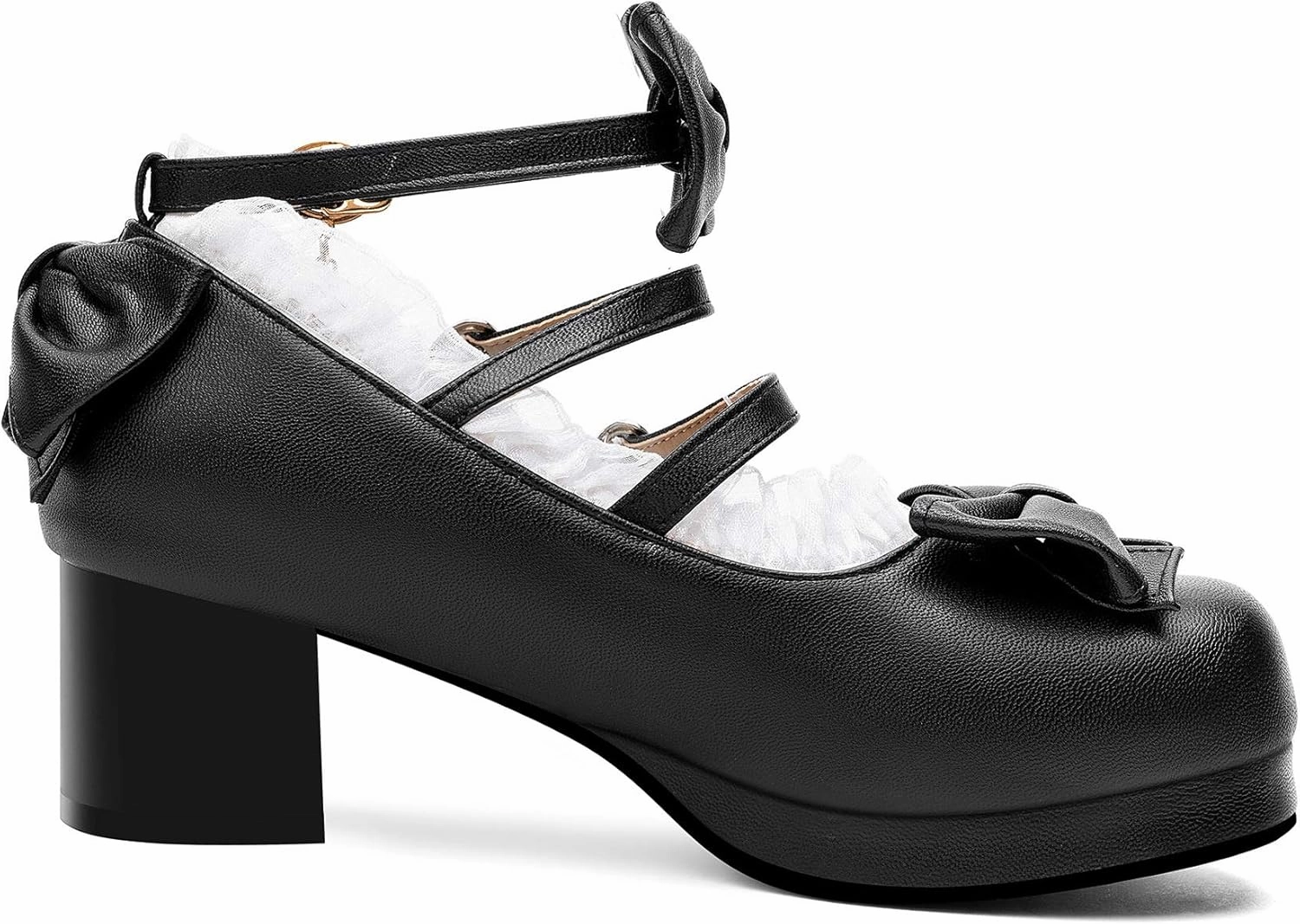 100FIXEO Women's Kawaii Platform Ankle Strap Chunky Heel Mary Jane Pumps Cute Closed Toe Goth Strappy Bow Lace Party Dress Shoes