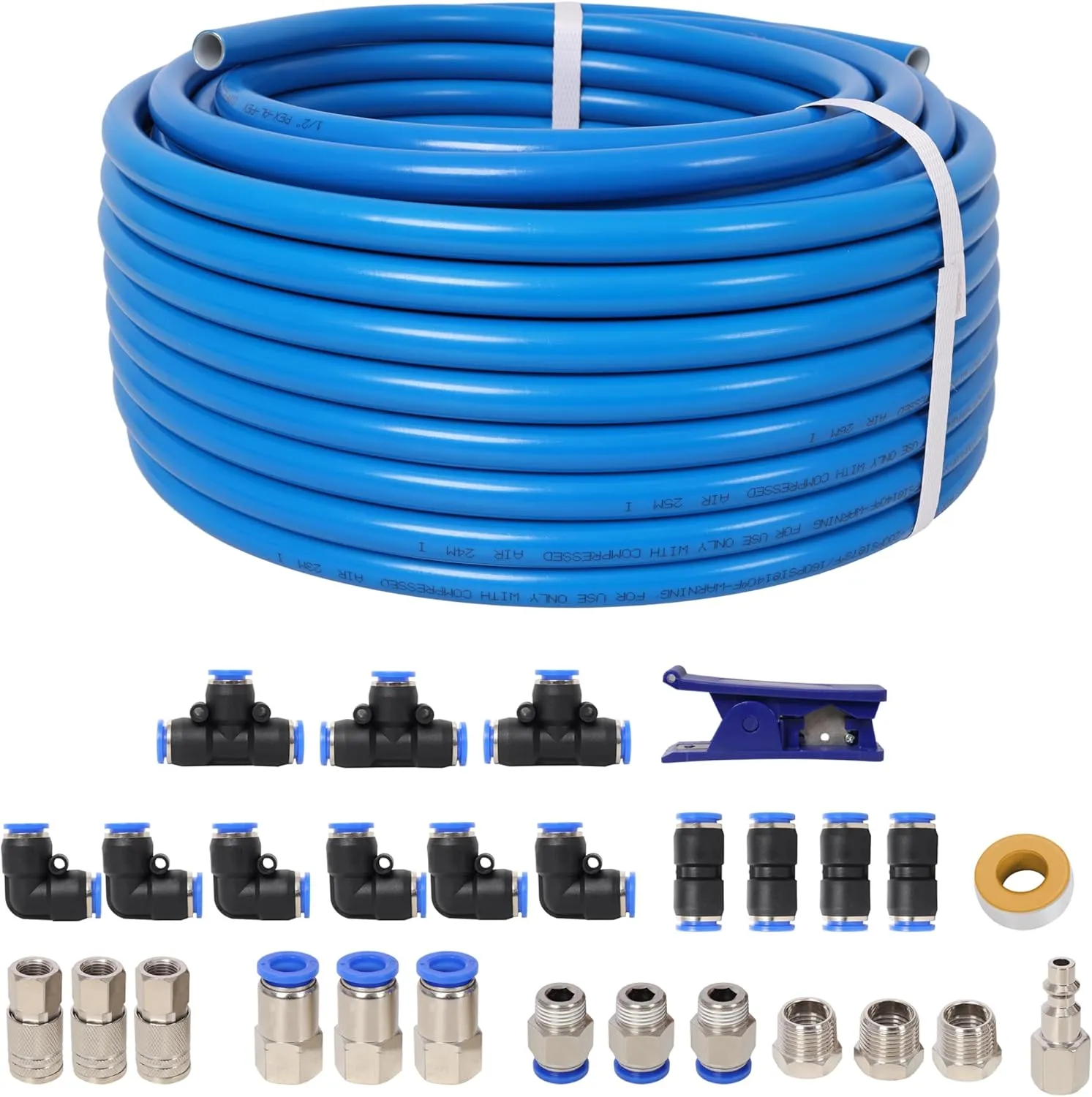 1/2 Inches Od × 60 Feet Pu Air Tube Kit – Industrial Quick Connect Coupler & Plug, Blue Tubing For Garage Air Compressor Accessories