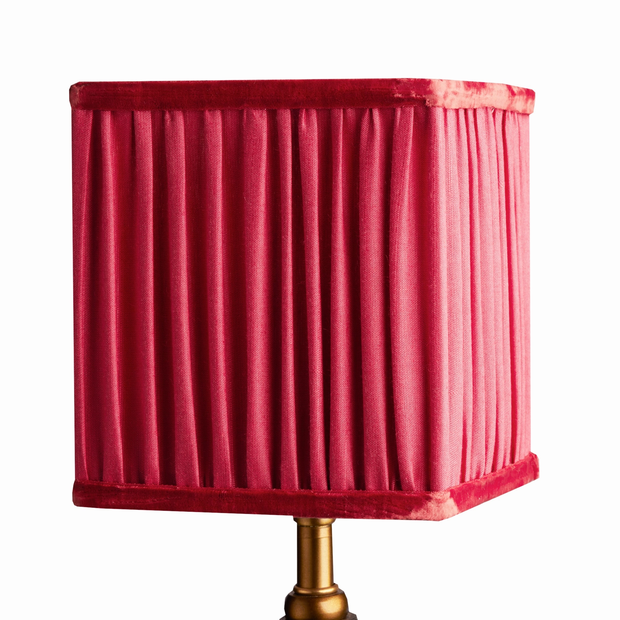 12.5cm tall square gathered shade in Ruby silk with velvet tape