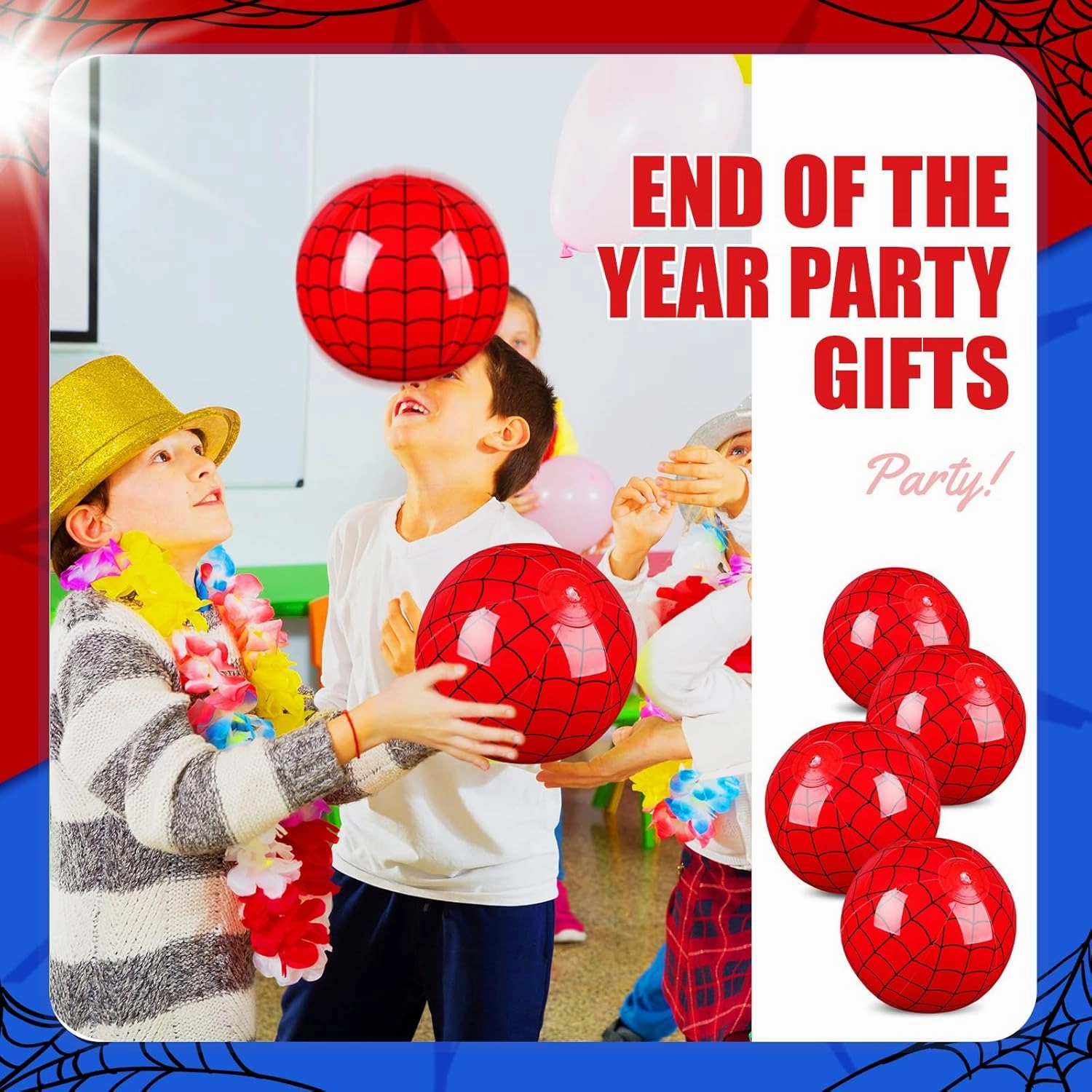 12 Pack Spider Web Themed Beach Ball for Kids 7.87" Bulk for Summer Pool and Beach Game Gifts Blue and Red Spider Web Birthday Party Supplies End of The Year Class Party Decorations Favor