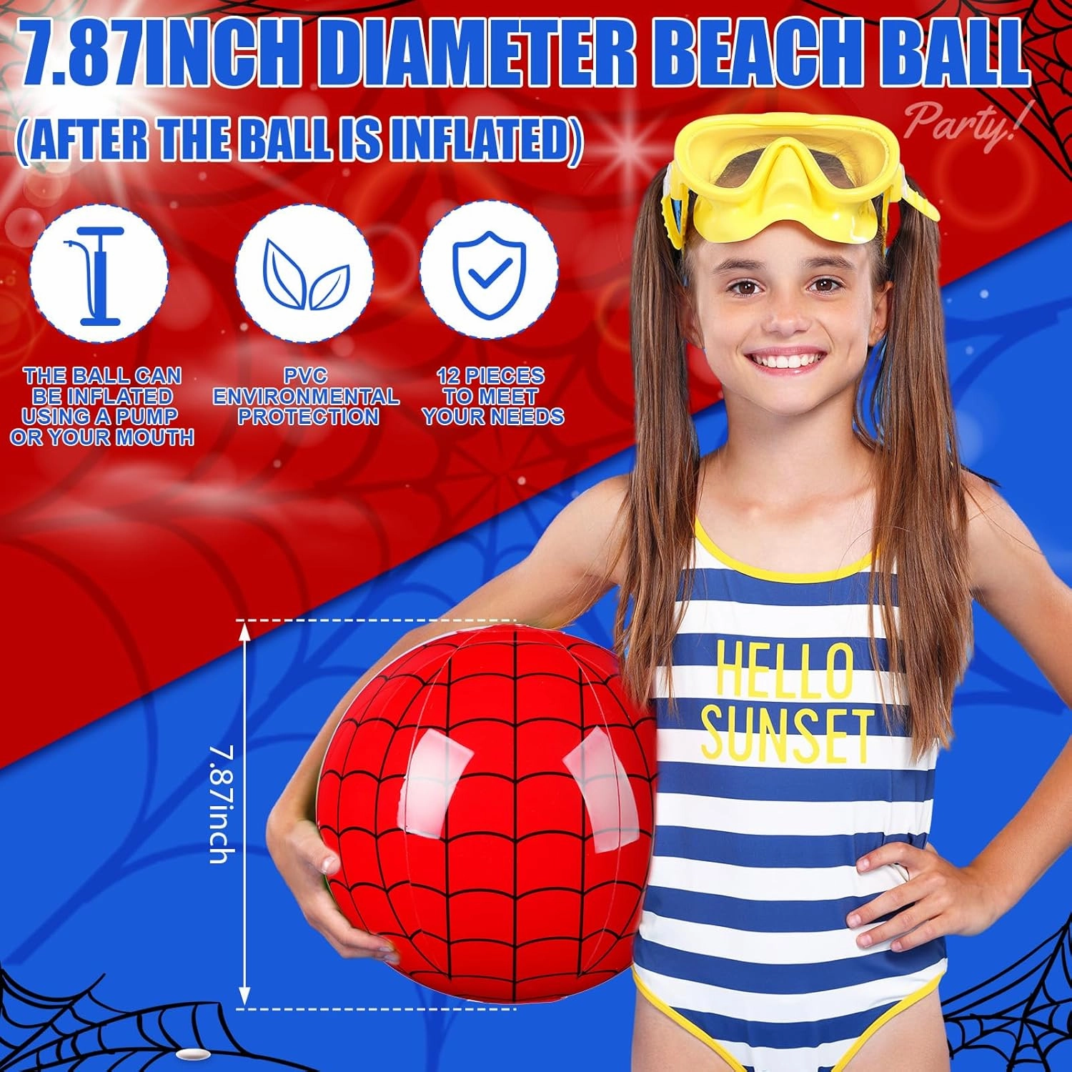 12 Pack Spider Web Themed Beach Ball for Kids 7.87" Bulk for Summer Pool and Beach Game Gifts Blue and Red Spider Web Birthday Party Supplies End of The Year Class Party Decorations Favor