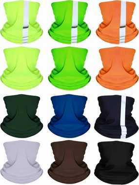 12 Pieces Balaclava Face Mask Headbands Colorful Headwear Scarf UV Protection Neck Gaiter with Reflective Tape for Women Men Outdoor Sports