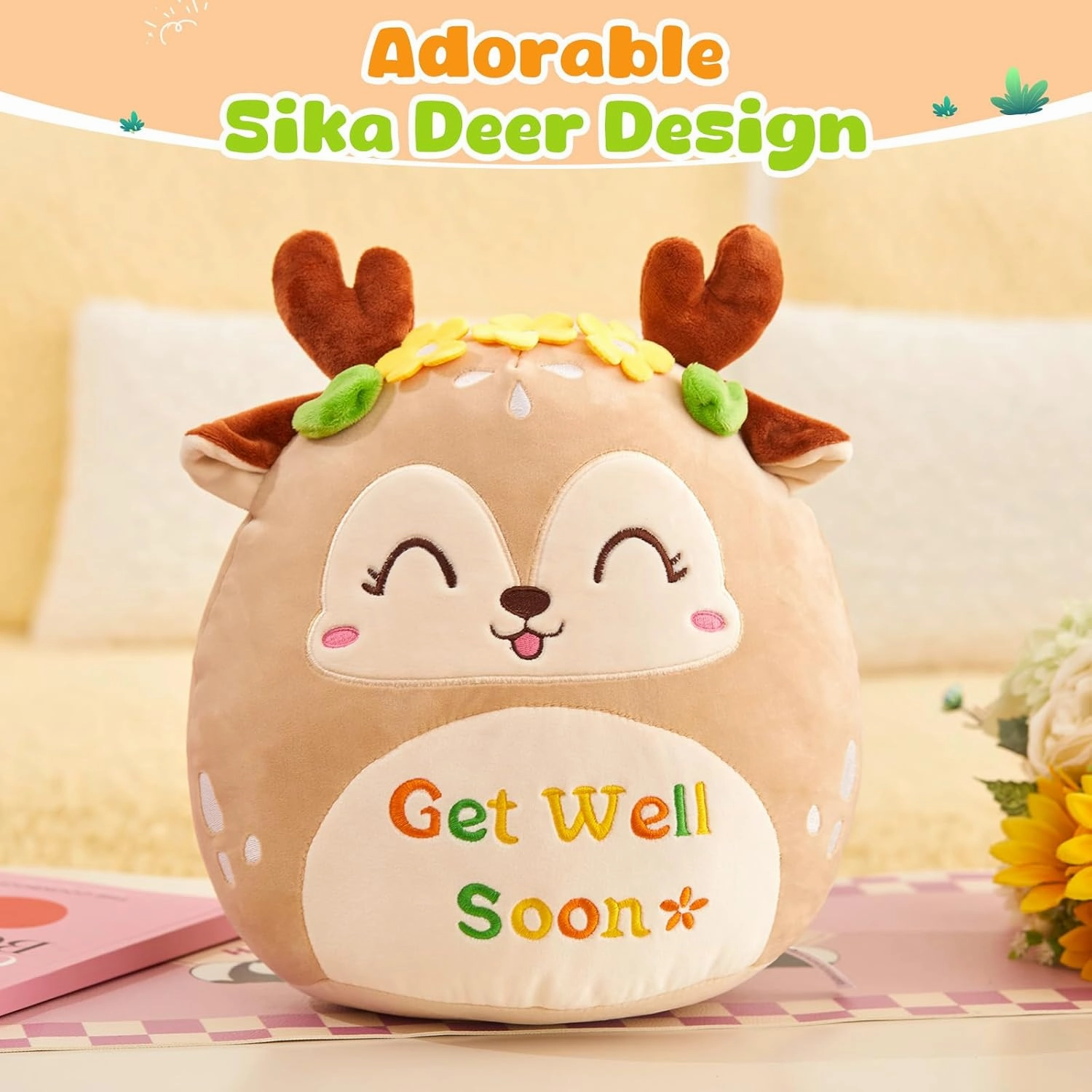 12" Get Well Soon Sika Deer Plush Pillow,Soft Deer Plushie,Cute Stuffed Animals Hugging Pillow,Get Well Soon Gift for Women Girls Kids Patient Feel Better Plush Toy