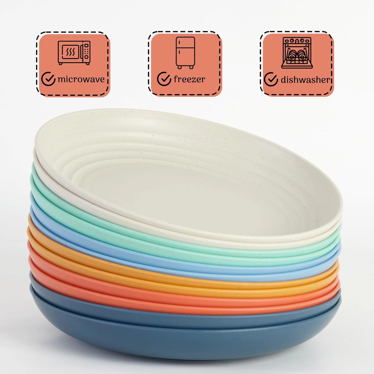 12PCS Unbreakable Dinner Plates, Dishwasher & Microwave Safe Plastic Plates Reusable, Lightweight Wheat Straw Plates for kitchen (Dopamine, 9 IN)