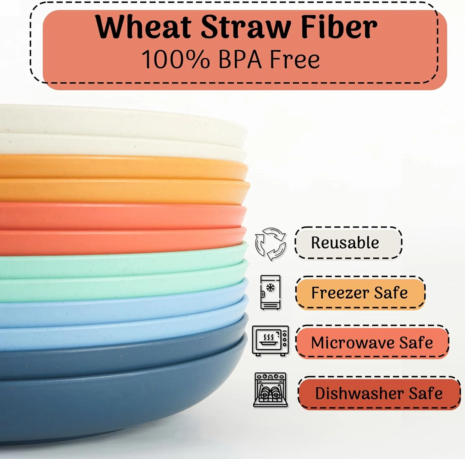 12PCS Unbreakable Dinner Plates, Dishwasher & Microwave Safe Plastic Plates Reusable, Lightweight Wheat Straw Plates for kitchen (Dopamine, 9 IN)
