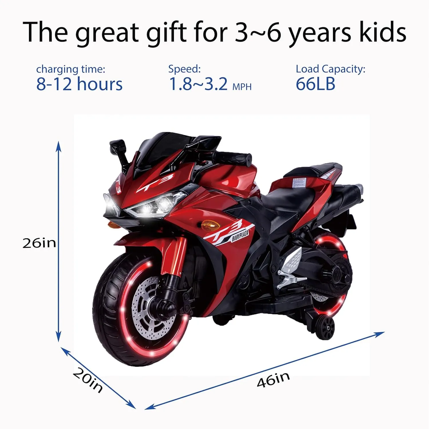 12V Kids Ride On Motorcycle Toy,Electric Ride On Motorcycle with Training Wheels,Toddler Motorcycle for Ride On Toys with Manual Throttle,Lighting Wheels,Music,USB,Gift for Children Boys Girls (Red)