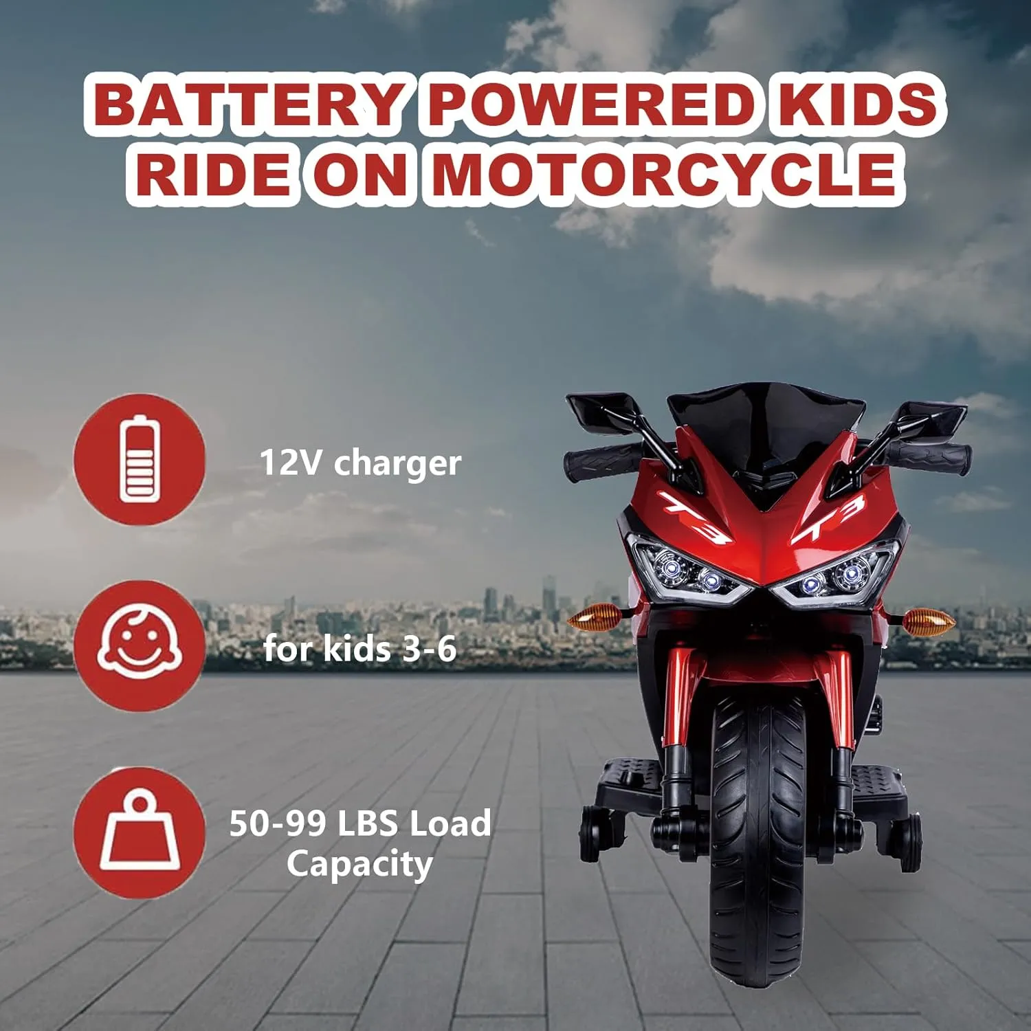 12V Kids Ride On Motorcycle Toy,Electric Ride On Motorcycle with Training Wheels,Toddler Motorcycle for Ride On Toys with Manual Throttle,Lighting Wheels,Music,USB,Gift for Children Boys Girls (Red)