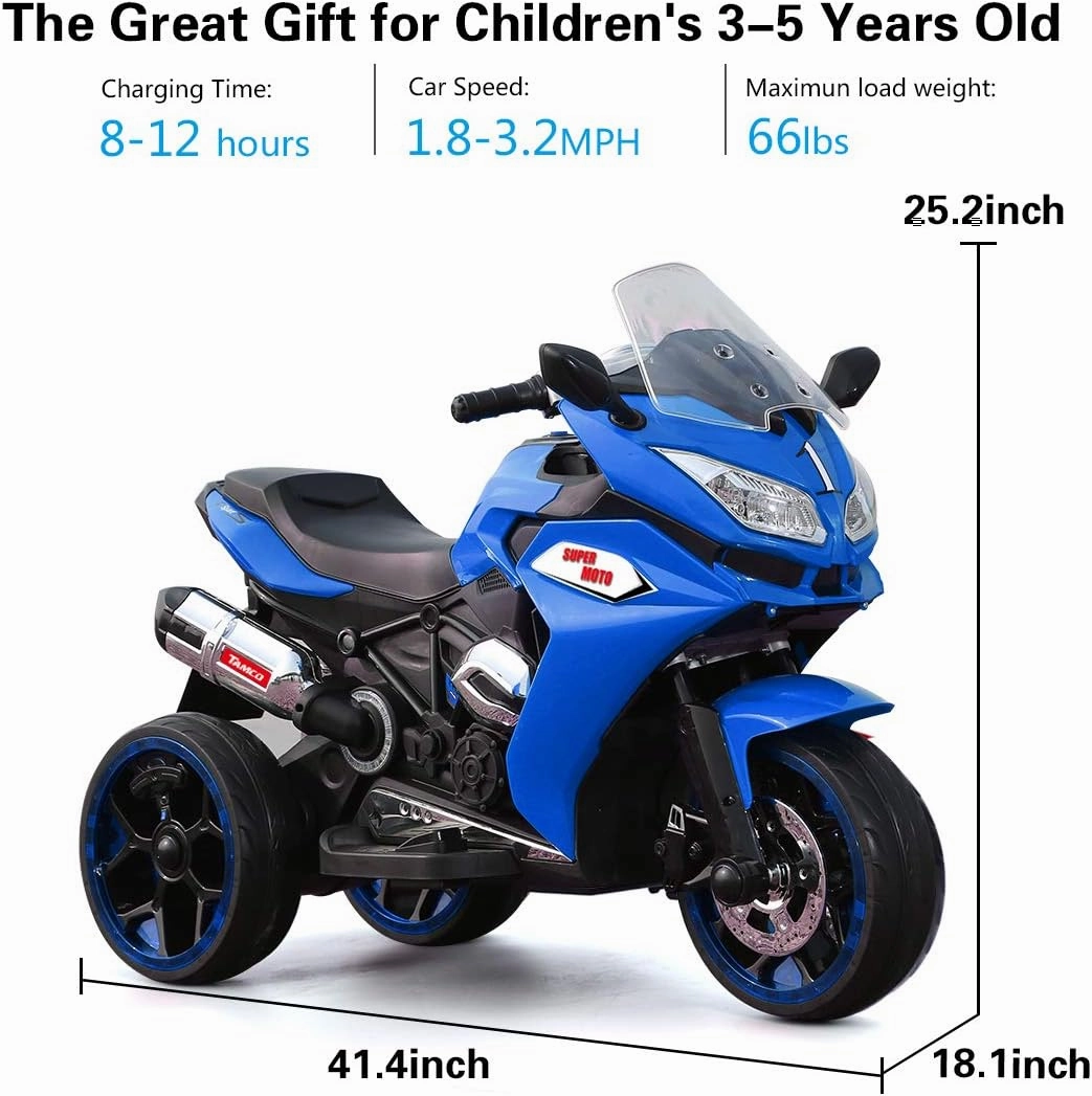 12V Kids Electric Motorcycle with 3 Wheels Ride-On Toy for Childs Ages 3-8, Rechargeable Battery-Powered, LED Light Wheels & Music, Indoor/Outdoor Toy Gift (Blue)