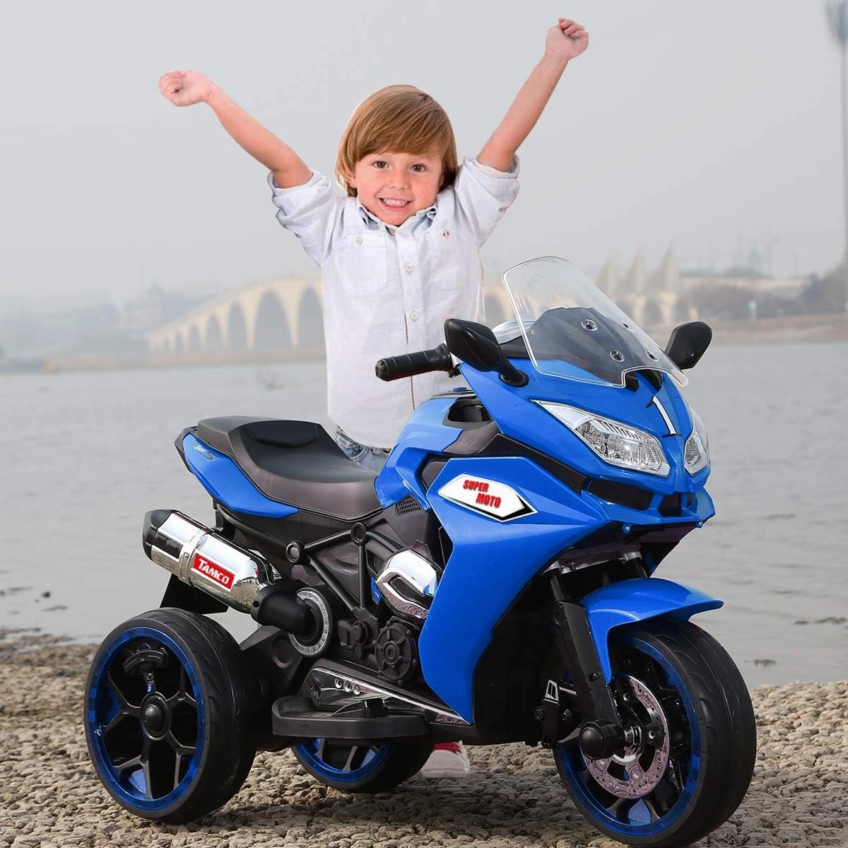 12V Kids Electric Motorcycle with 3 Wheels Ride-On Toy for Childs Ages 3-8, Rechargeable Battery-Powered, LED Light Wheels & Music, Indoor/Outdoor Toy Gift (Blue)