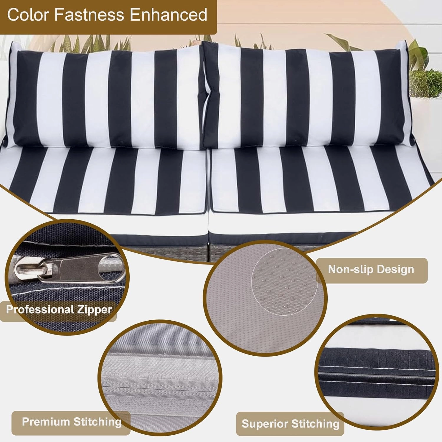 14 Piece Outdoor Patio Cushion Cover Replacement, Waterproof Patio Cushion Covers, Outdoor Furniture Cushion Covers Set for 6 Seat Wicker Rattan Sofa (Balck White Striped, 25.6 * 25.6 * 4 inch)