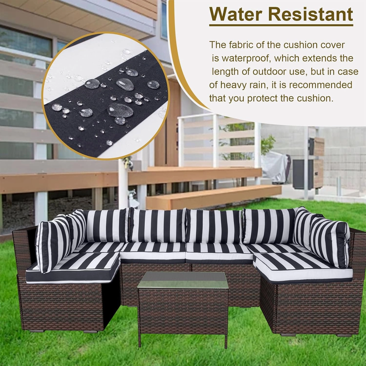 14 Piece Outdoor Patio Cushion Cover Replacement, Waterproof Patio Cushion Covers, Outdoor Furniture Cushion Covers Set for 6 Seat Wicker Rattan Sofa (Balck White Striped, 25.6 * 25.6 * 4 inch)