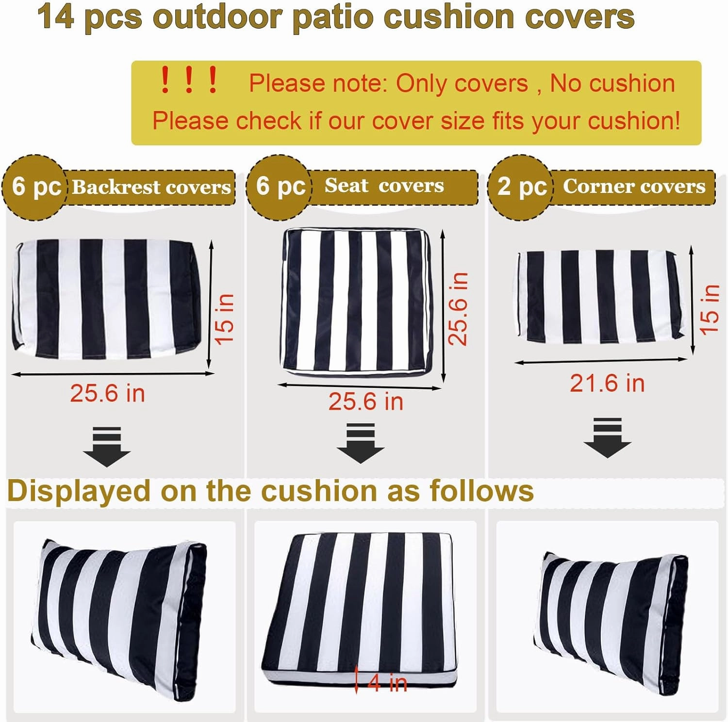 14 Piece Outdoor Patio Cushion Cover Replacement, Waterproof Patio Cushion Covers, Outdoor Furniture Cushion Covers Set for 6 Seat Wicker Rattan Sofa (Balck White Striped, 25.6 * 25.6 * 4 inch)