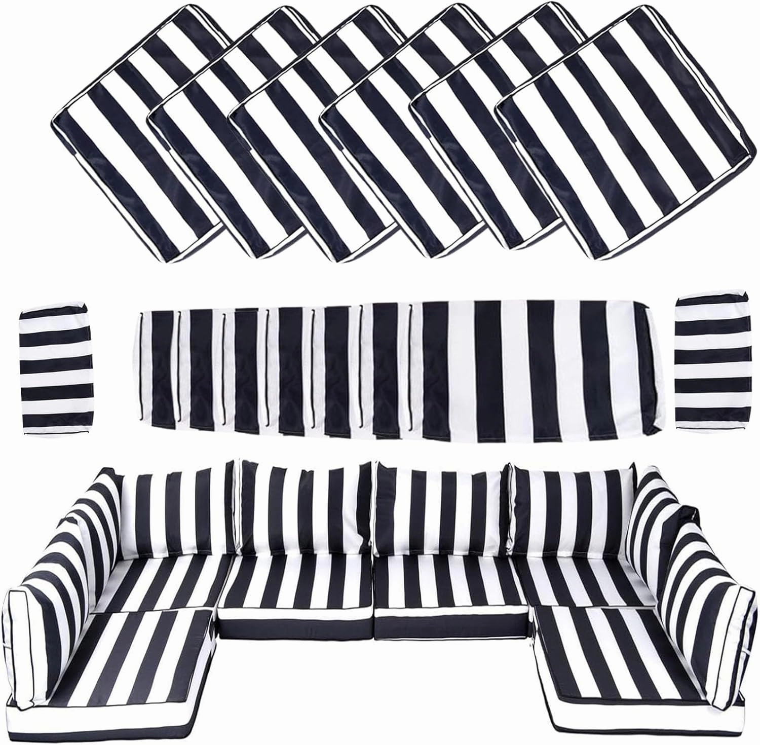14 Piece Outdoor Patio Cushion Cover Replacement, Waterproof Patio Cushion Covers, Outdoor Furniture Cushion Covers Set for 6 Seat Wicker Rattan Sofa (Balck White Striped, 25.6 * 25.6 * 4 inch)