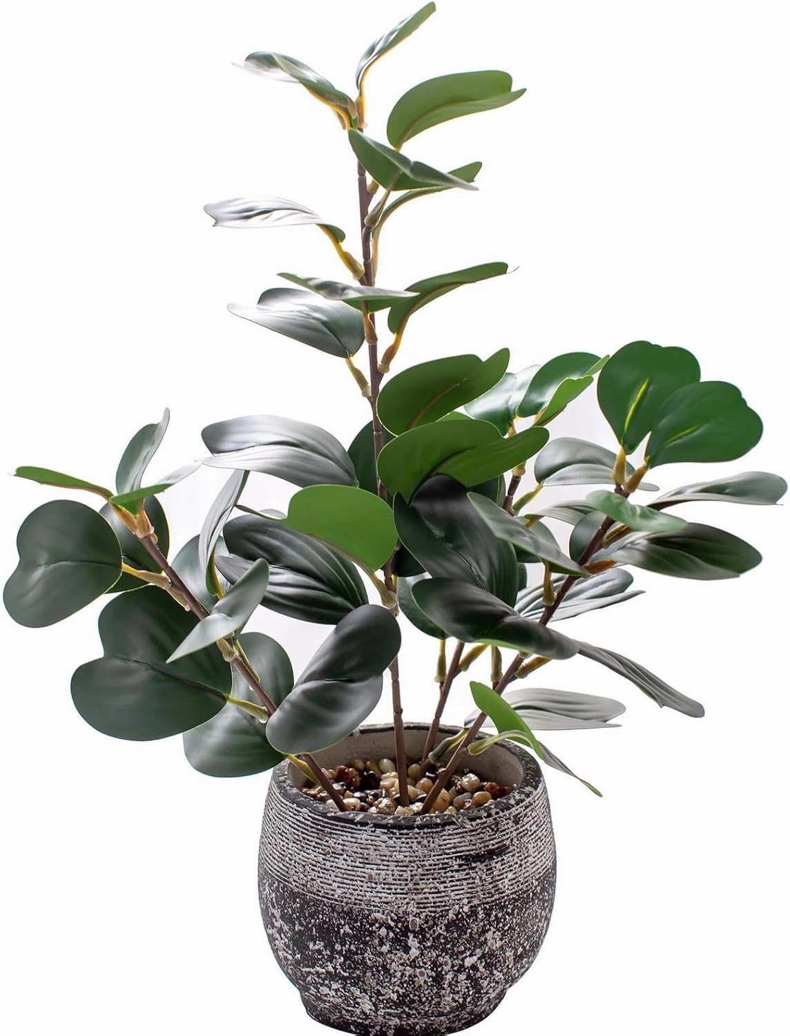15" Fake Plants in Rustic Black Vase Real Looking and Touching Evergreen Ficus Leaf Faux Plant Indoor for Book Shelf Bathroom Office Desk Kitchen Counter Bedroom Small Space Artificial Plant Decor