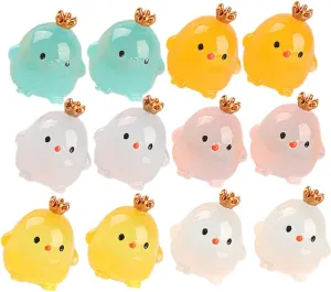 15pcs Luminous Mini Chick Figurines with Crown Design for Dollhouse Garden Micro Landscape and Party Decorations Cartoon Resin Chick Models for Easter and Home Decor