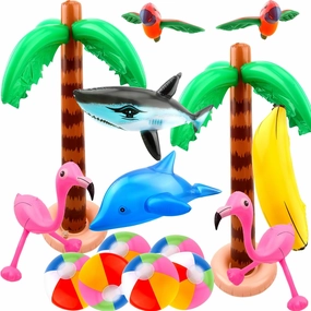 16 Pack Inflatable Palm Flamingo Tree Beach Ball Parrot Sharks Pool Party Toys Giant Tropical Inflatable Toys for Hawaiian Swimming Pool Decor Outdoor Activities