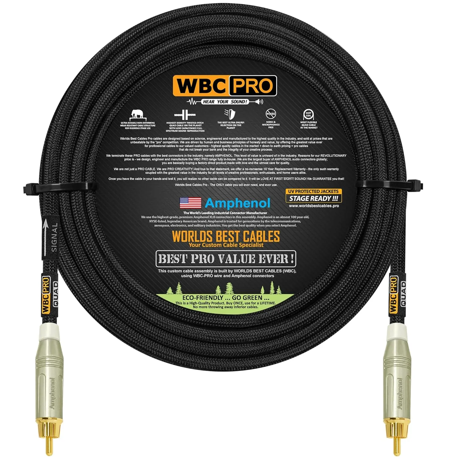 18 Foot - WBC-PRO-Quad Ultra-Silent, Ultra-Flexible, Star-Quad Center-Channel, Subwoofer Cable with Amphenol ACPR-SWH Die-Cast, Gold Plated RCA Connectors & Black Tweed Jacket – Directional Design