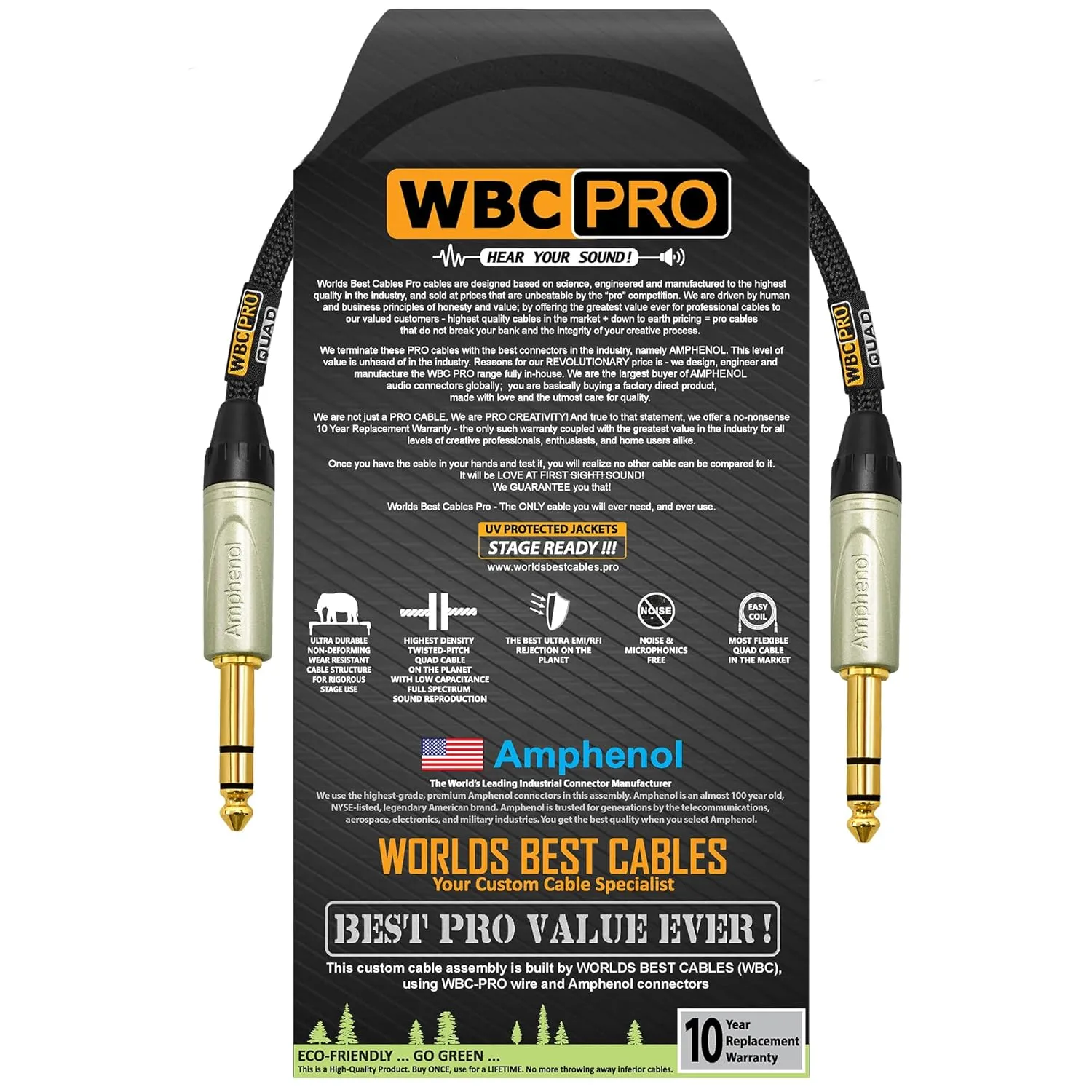 2 Foot - WBC-PRO-Quad Ultra-Silent Ultra-Flexible Balanced Star-Quad Cable with Amphenol QS3P-AU ¼ Inch (6.35mm) Gold Straight TRS Stereo Phone Plugs & Black Tweed Jacket