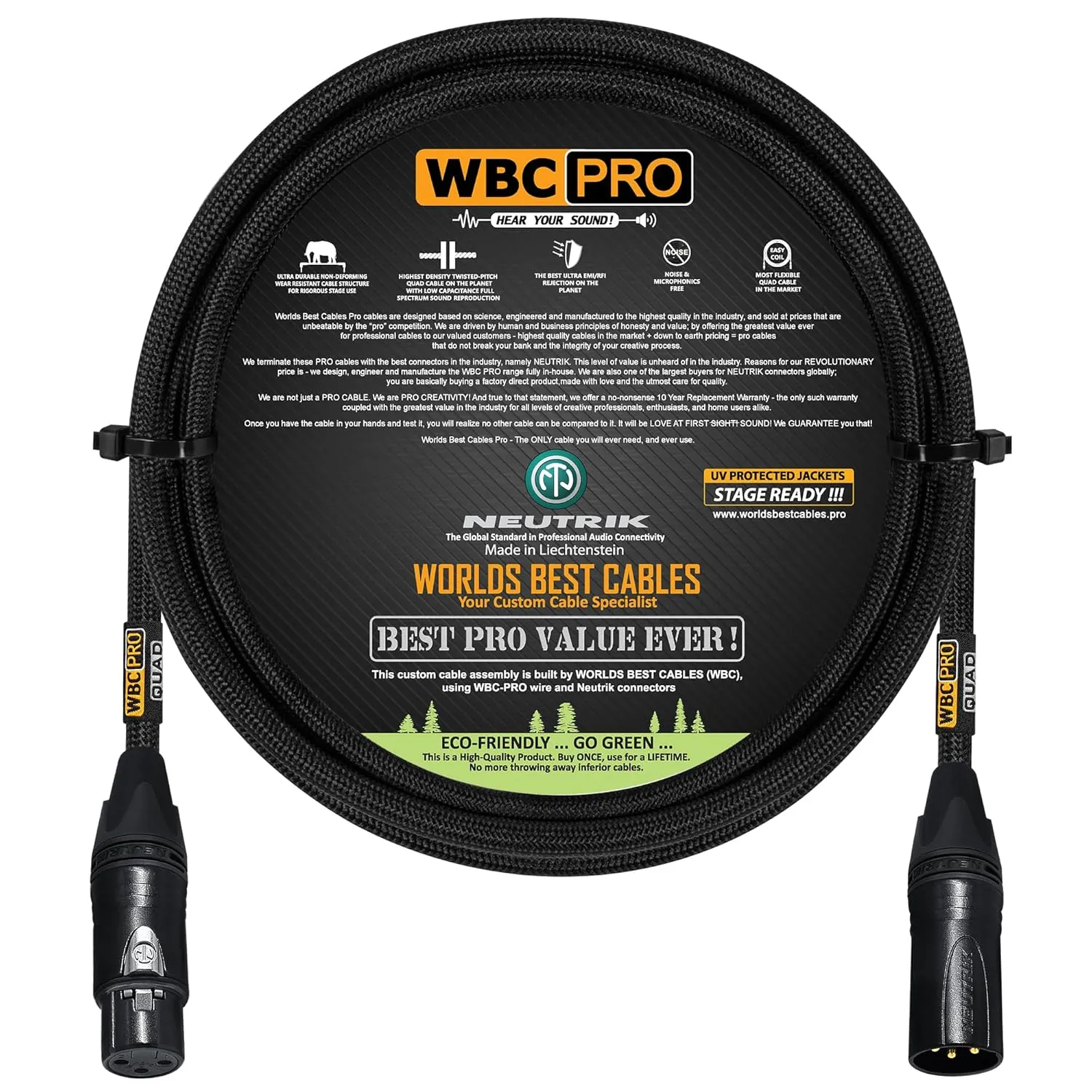 2 Foot - WBC-PRO-Quad Ultra-Silent Ultra-Flexible Balanced Star-Quad Cable with Neutrik Male & Female XLR Plugs & Black Tweed Jacket