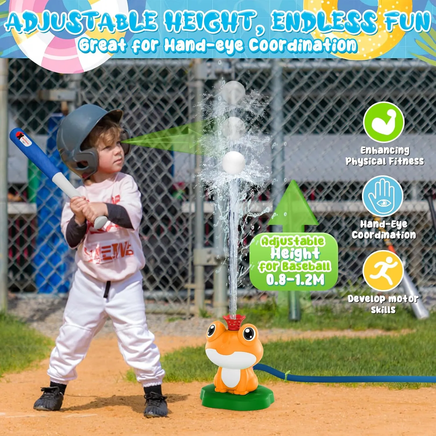 2-in-1 Water Sprinkler Baseball Toy for Kids Outdoor Play, 360° Rotating Spray and 2 Sprinkler Heads for Splashing and T-Ball Games, Summer Backyard Lawn Activities for Toddler Ages 3  (Orange)