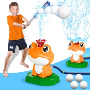 2-in-1 Water Sprinkler Baseball Toy for Kids Outdoor Play, 360° Rotating Spray and 2 Sprinkler Heads for Splashing and T-Ball Games, Summer Backyard Lawn Activities for Toddler Ages 3  (Orange)