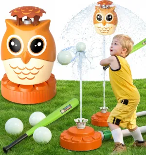 2 in 1 Water Sprinkler Baseball Toy for Kids, Toddler Sprinkler Owl Launcher Outdoor Water Toys Ascent Spin, Spinning Sprinkler Toy Tee Ball Game, Summer Garden Spray Toys Backyard Pool Party Game