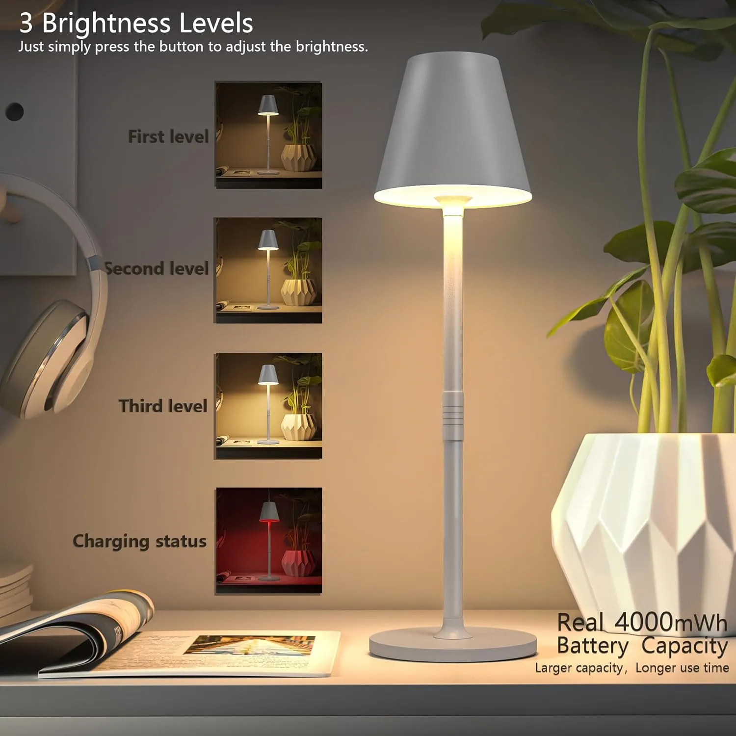 2 Pack LED CordlessTable Lamp,4000mAh Rechargeable Battery Desk lamp,3 Level Brightness Portable Light, Minimalist Design, for Couple Dinner/Coffee Table/Restaurant/Bedroom(White 2pack)