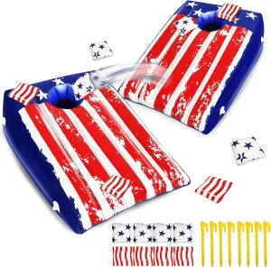 2 Pack Pool Cornhole with 8 Bean 8 Stake, Pool Games for Teen Adults Family, Red White Blue Patriotic Theme Inflatable Bean Bag Toss Game American Flag Pools Toy for 4th of july Pools Beach Yard Party