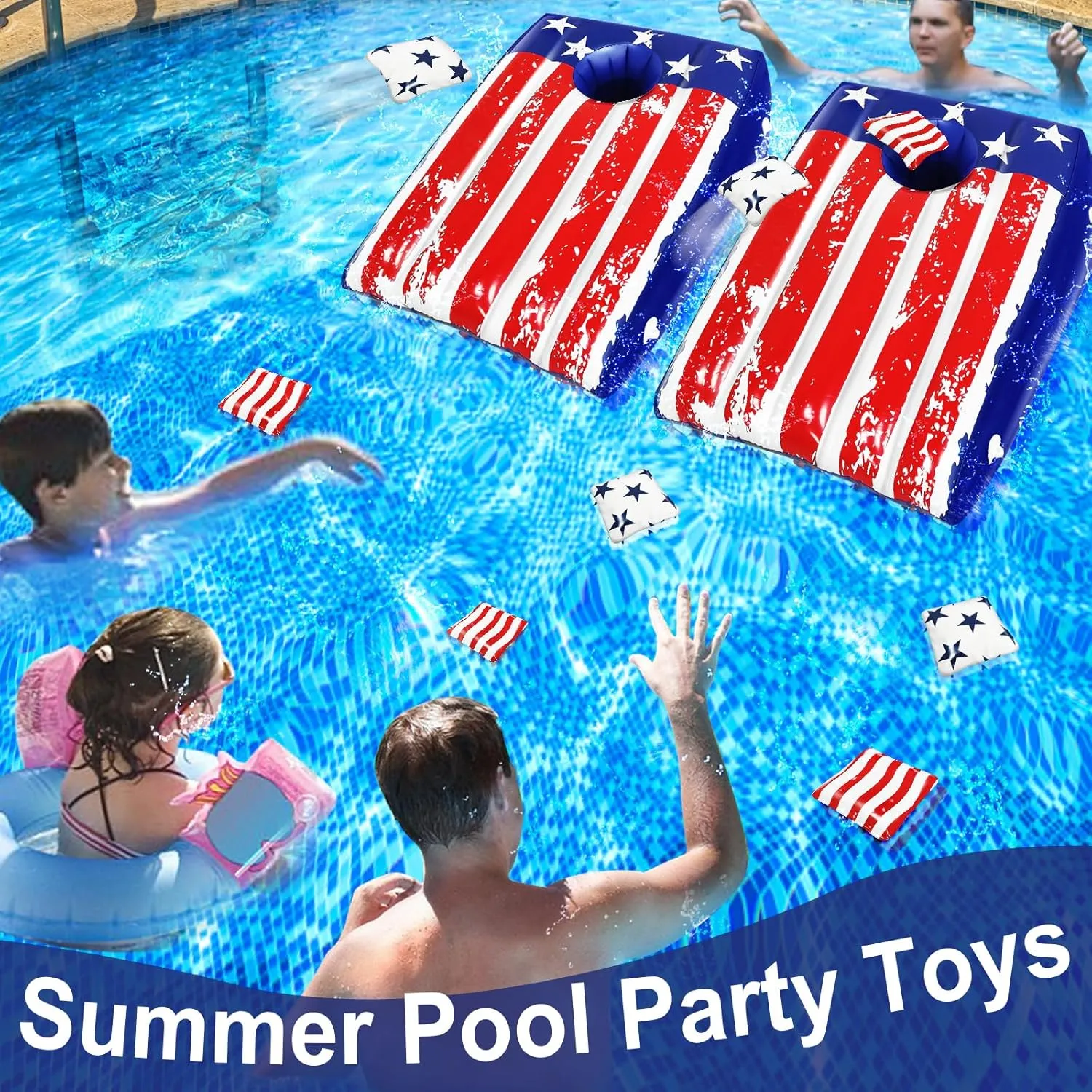 2 Pack Pool Cornhole with 8 Bean 8 Stake, Pool Games for Teen Adults Family, Red White Blue Patriotic Theme Inflatable Bean Bag Toss Game American Flag Pools Toy for 4th of july Pools Beach Yard Party