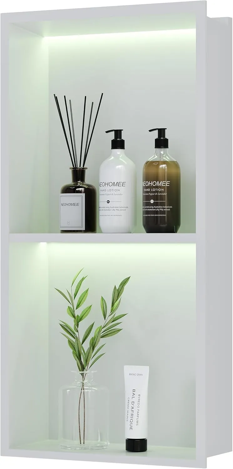 2-Tiers 12x24 Wall Niche with RGB LED Light Strips, White Shower Niche Cabinet, Stainless Steel Bathroom Shelf, NO Tile Needed Recessed Cubby Storage Organizer