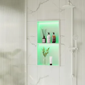 2-Tiers 12x24 Wall Niche with RGB LED Light Strips, White Shower Niche Cabinet, Stainless Steel Bathroom Shelf, NO Tile Needed Recessed Cubby Storage Organizer