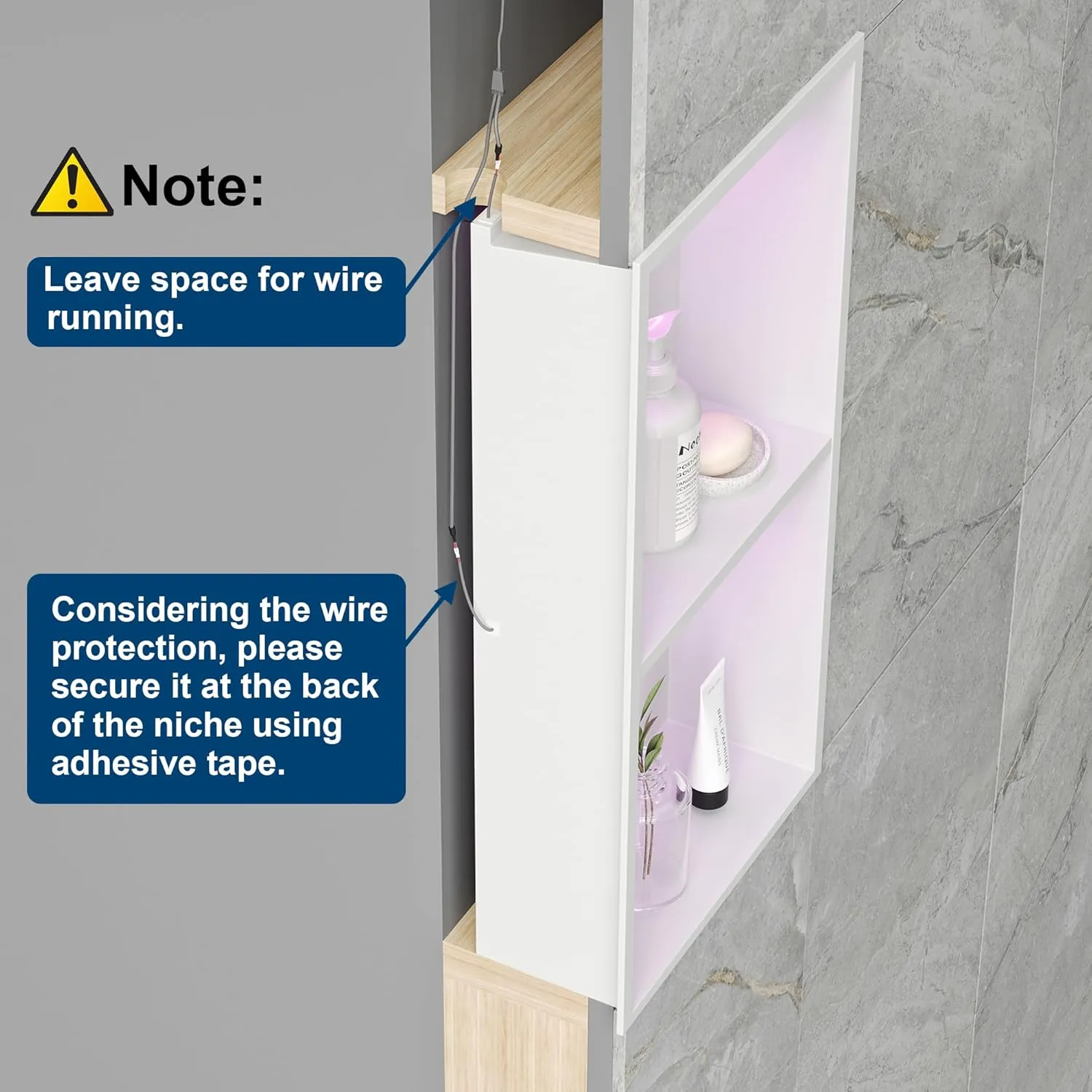 2-Tiers 12x24 Wall Niche with RGB LED Light Strips, White Shower Niche Cabinet, Stainless Steel Bathroom Shelf, NO Tile Needed Recessed Cubby Storage Organizer