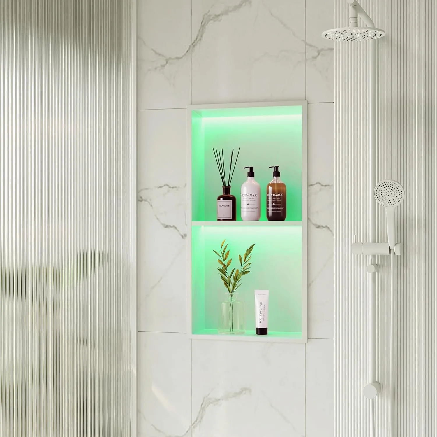 2-Tiers 12x24 Wall Niche with RGB LED Light Strips, White Shower Niche Cabinet, Stainless Steel Bathroom Shelf, NO Tile Needed Recessed Cubby Storage Organizer