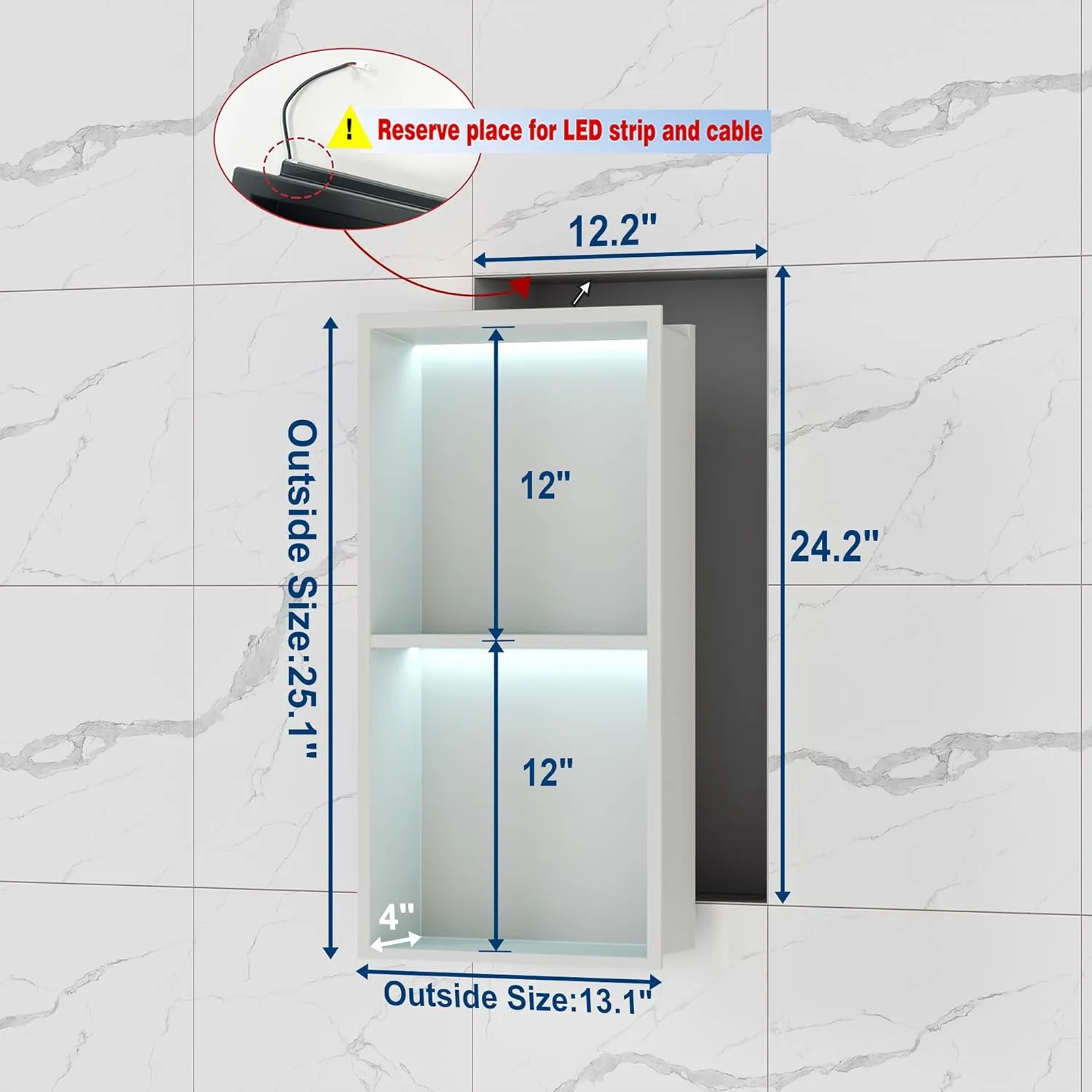 2-Tiers 12x24 Wall Niche with RGB LED Light Strips, White Shower Niche Cabinet, Stainless Steel Bathroom Shelf, NO Tile Needed Recessed Cubby Storage Organizer