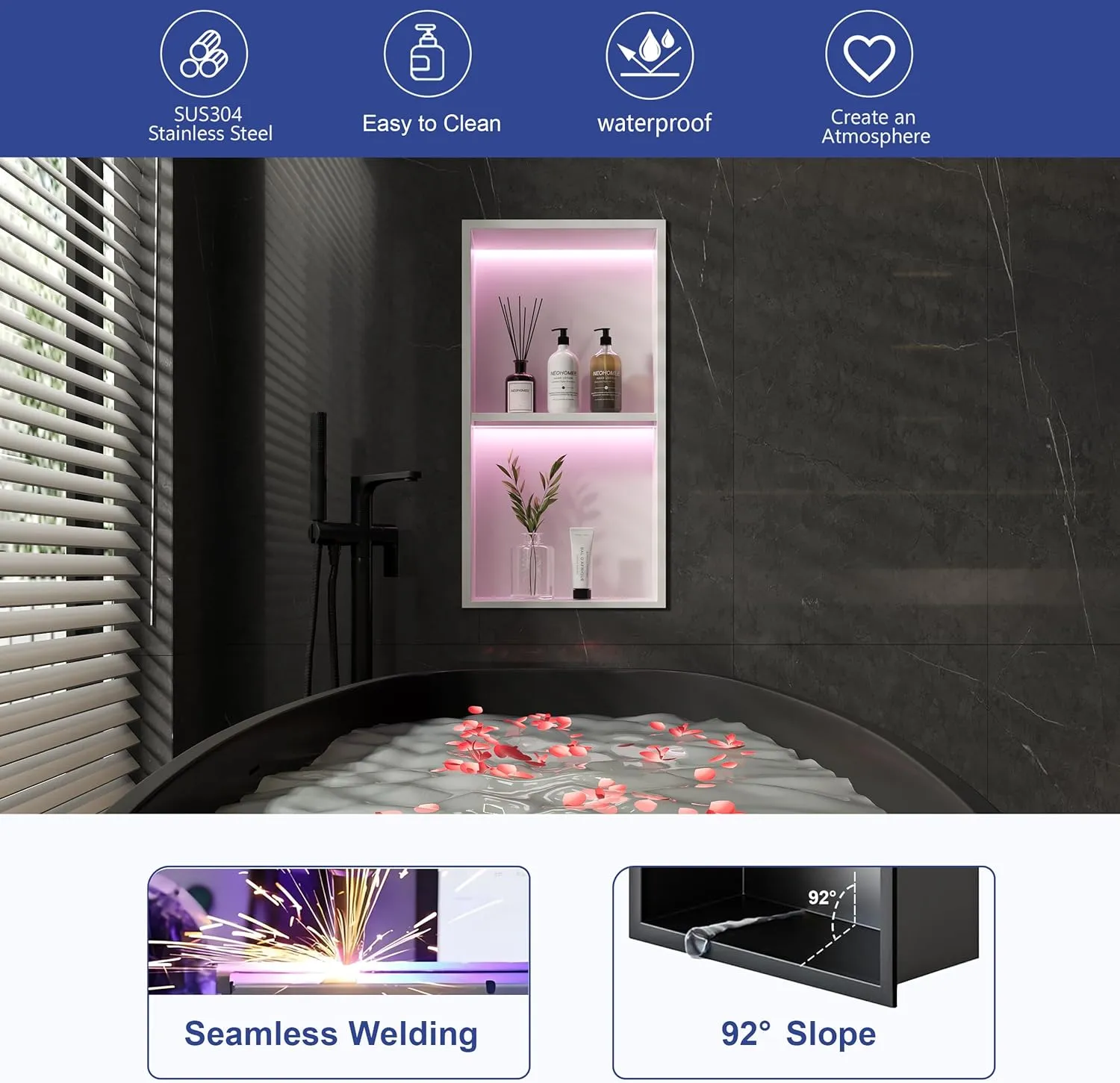 2-Tiers 12x24 Wall Niche with RGB LED Light Strips, White Shower Niche Cabinet, Stainless Steel Bathroom Shelf, NO Tile Needed Recessed Cubby Storage Organizer