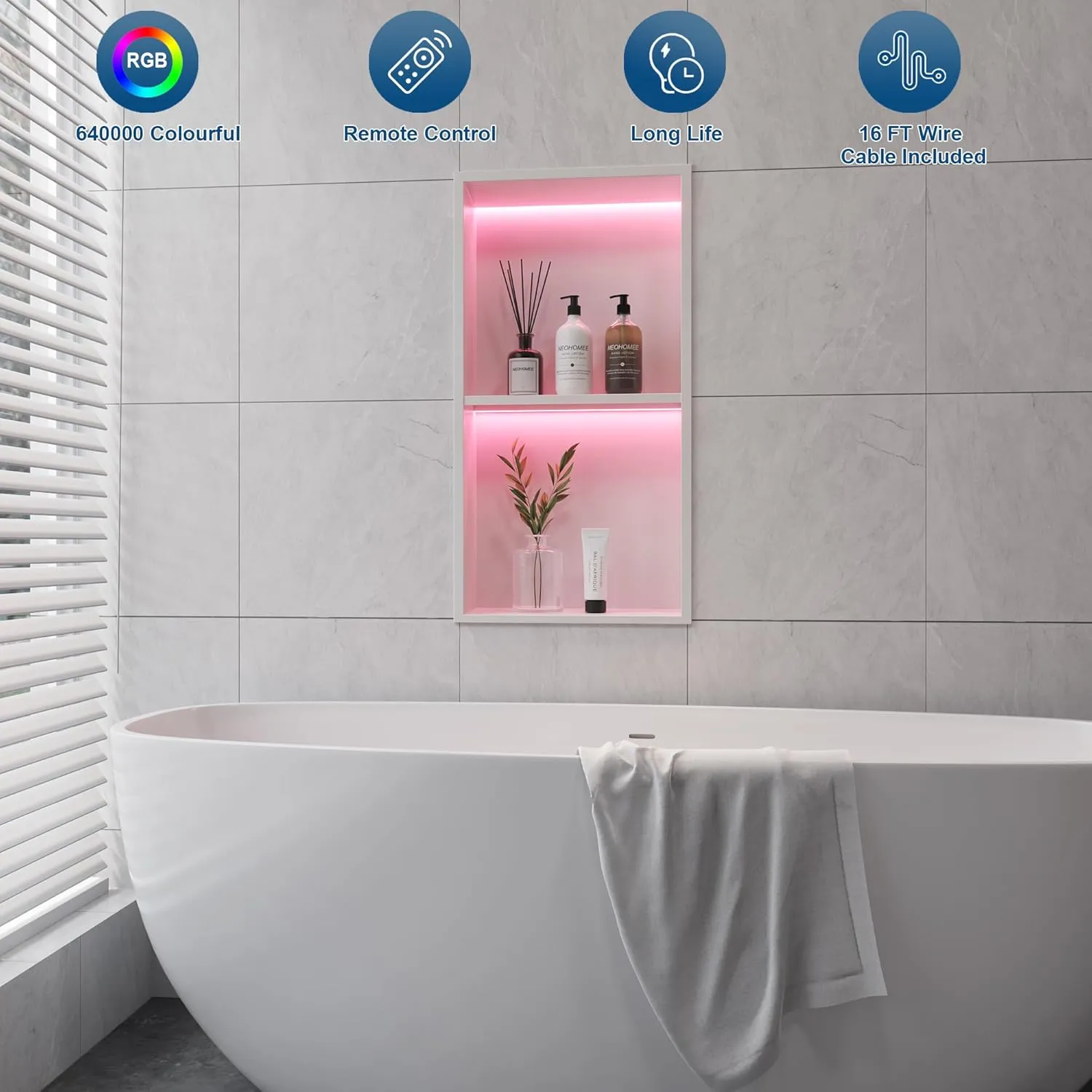 2-Tiers 12x24 Wall Niche with RGB LED Light Strips, White Shower Niche Cabinet, Stainless Steel Bathroom Shelf, NO Tile Needed Recessed Cubby Storage Organizer