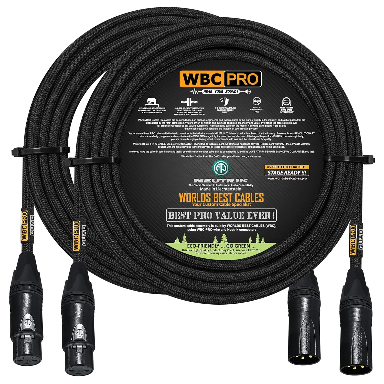 2 Units - 20 Foot - WBC-PRO-Quad Ultra-Silent Ultra-Flexible Balanced Star-Quad Cable with Neutrik Male & Female XLR Plugs & Black Tweed Jacket