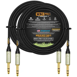 2 Units - 25 Foot - WBC-PRO-Quad Ultra-Silent Ultra-Flexible Balanced Star-Quad Cable with Amphenol QS3P-AU ¼ Inch (6.35mm) Gold Straight TRS Stereo Phone Plugs & Black Tweed Jacket