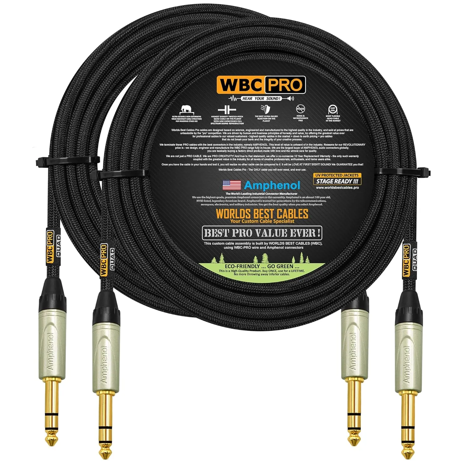 2 Units - 25 Foot - WBC-PRO-Quad Ultra-Silent Ultra-Flexible Balanced Star-Quad Cable with Amphenol QS3P-AU ¼ Inch (6.35mm) Gold Straight TRS Stereo Phone Plugs & Black Tweed Jacket